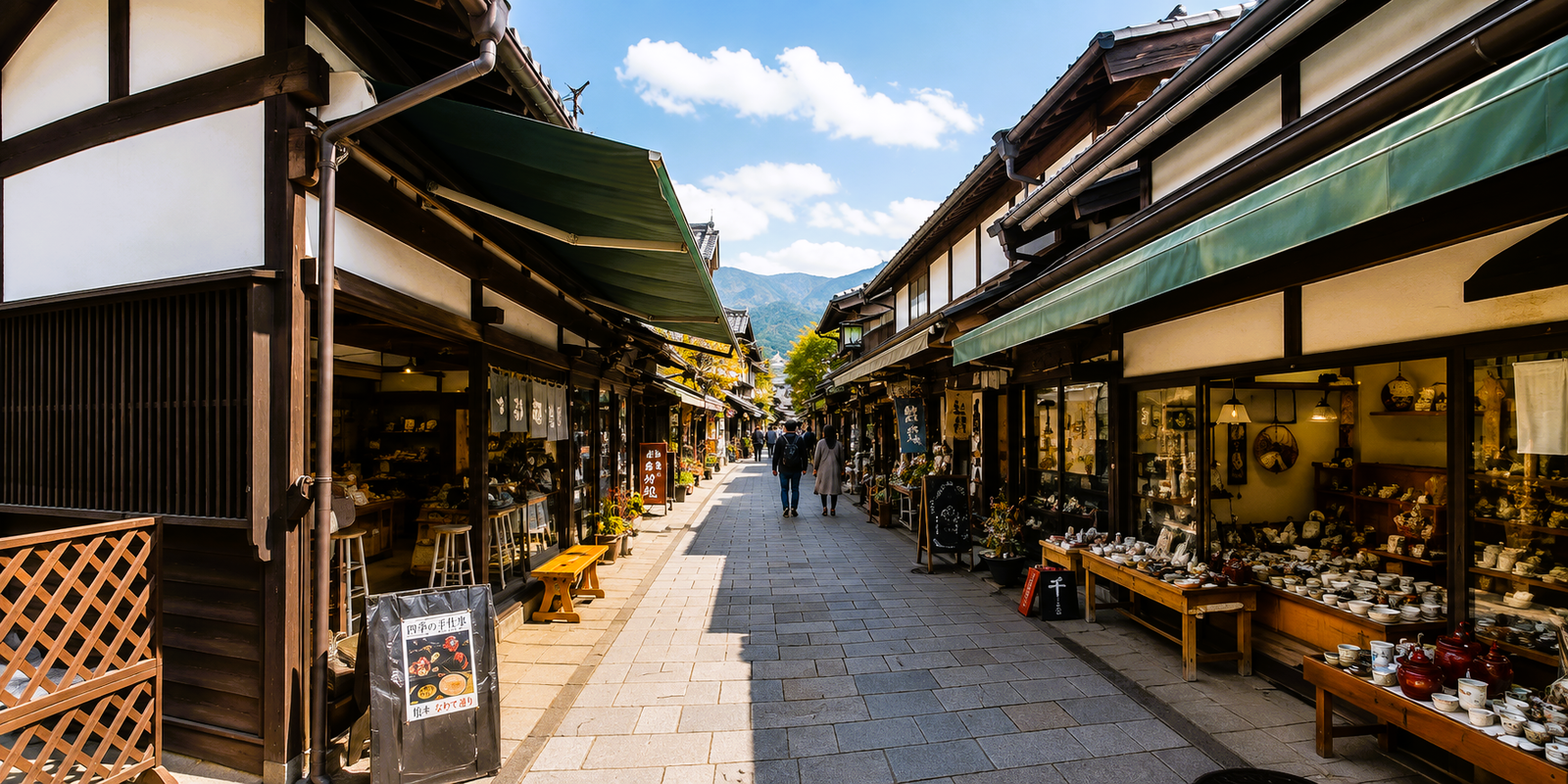 Frog statues and traditional shopfronts along Nawate Street beside the Metoba River in Matsumoto